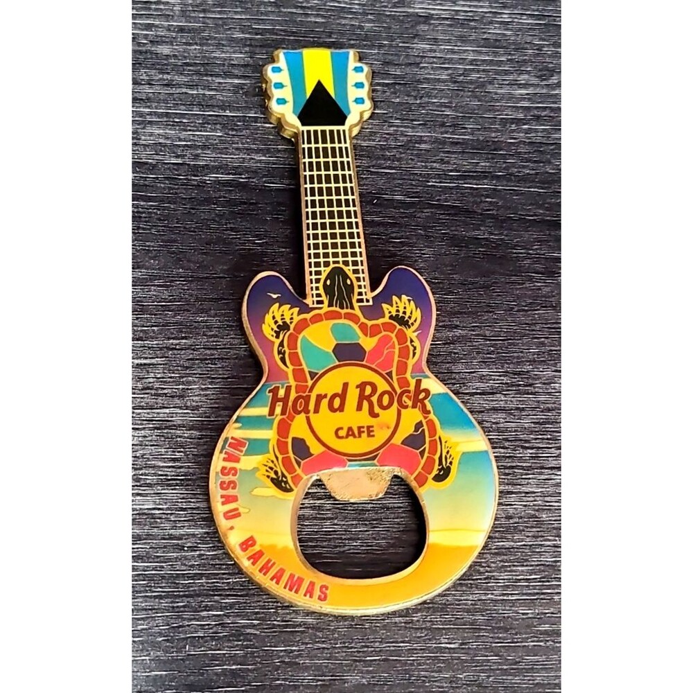 Hard Rock Cafe Nassau, Bahamas Guitar Bottle Opener Magnet -Colorful Turtle Flag